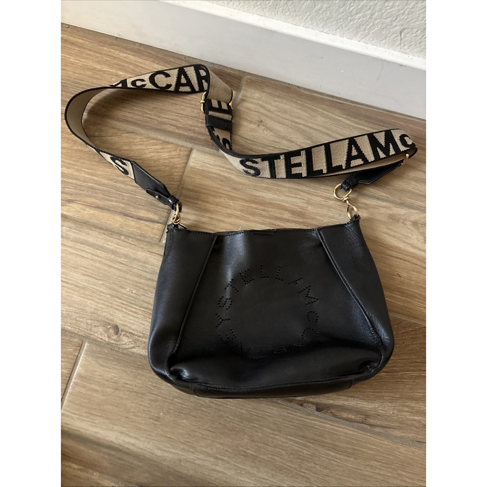 Stella McCartney Black Perforated Logo Tote Branded Jacquard Strap Crossbody